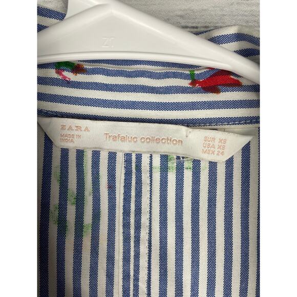 Zara White Blue Stripe Button Down Novelty Cactus Print Top XS Oversized Coastal - Picture 3 of 9